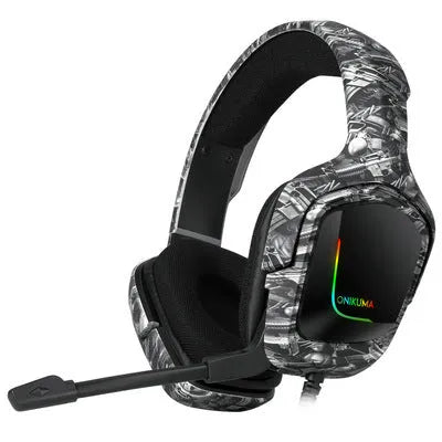 K20 RGB luminous wired gaming headset with cloth earmuffs and braided cable in camouflage grey.