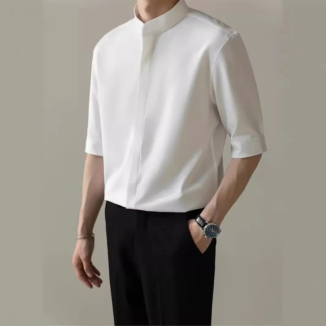 Men's thin stand collar short sleeve shirt in white, half sleeve polyester blend casual top