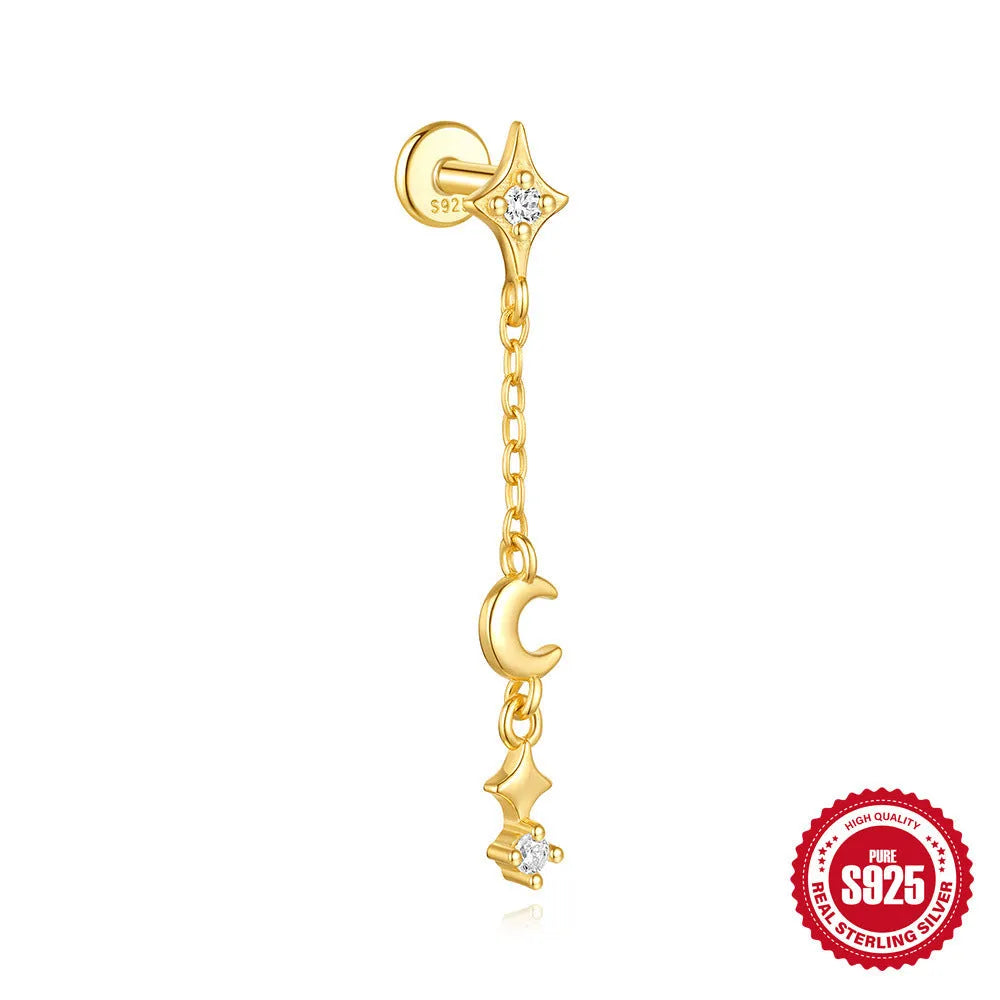 S925 sterling silver geometric moon and star earrings with diamond accents in gold-plated finish
