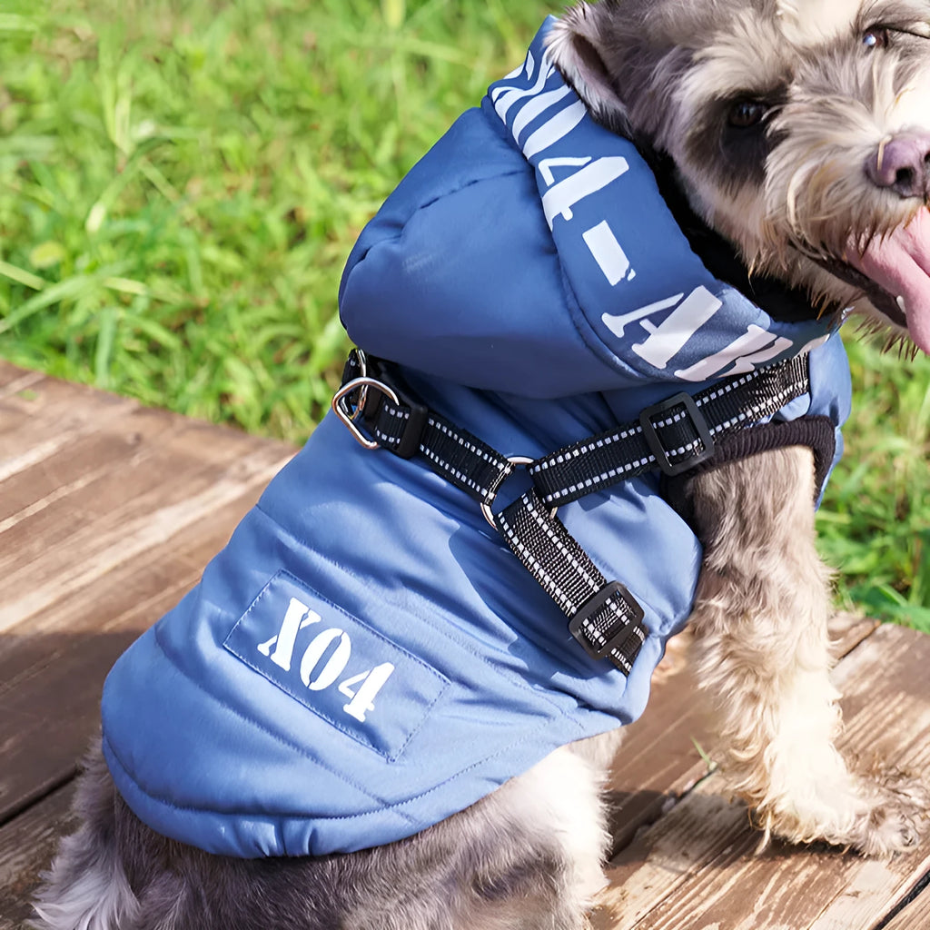 Fleece-lined waterproof dog jacket with hood in red, grey, blue or black colours