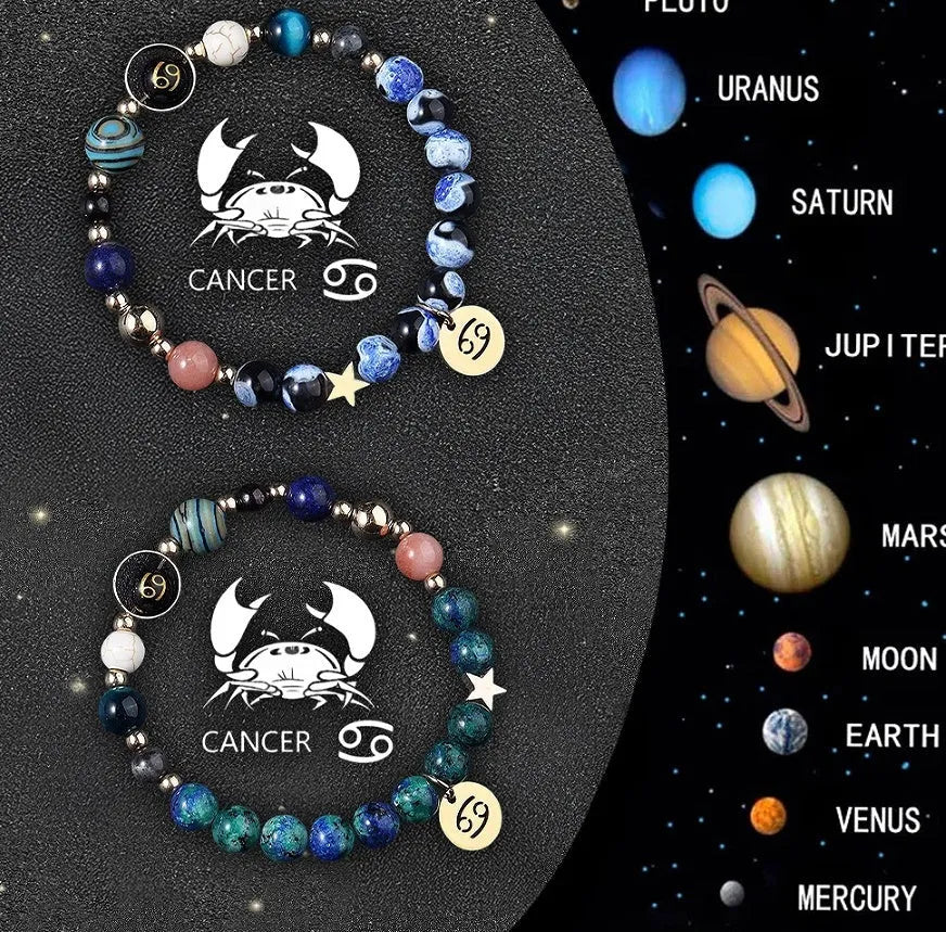 Set of twelve beaded bracelets for each zodiac sign with natural stone and crystal beads.