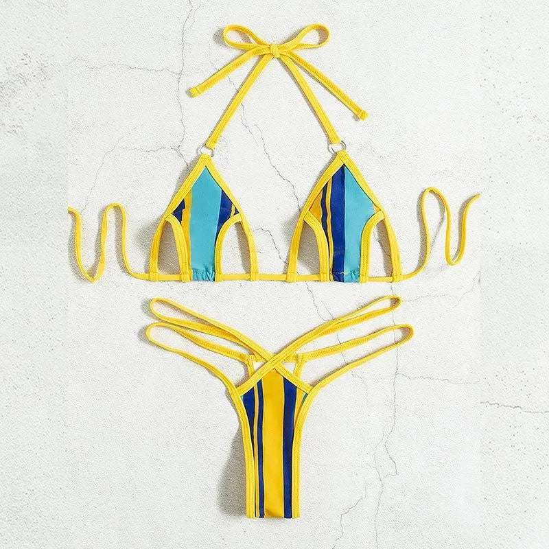 Yellow women's split swimsuit set showing sleeveless top with neck-hanging style and high-waisted bikini shorts.