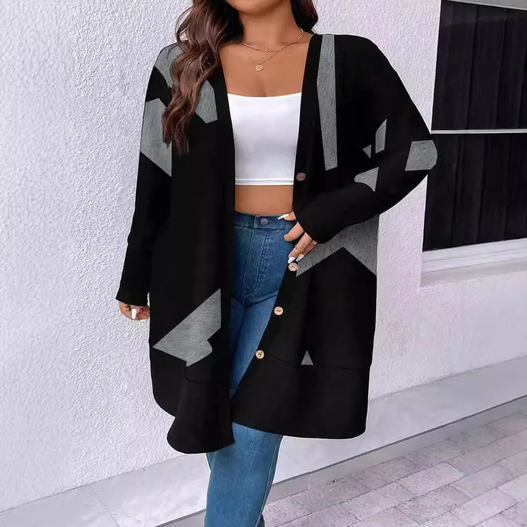 Black loose-fitting plus size women's cardigan coat with button stitching detail