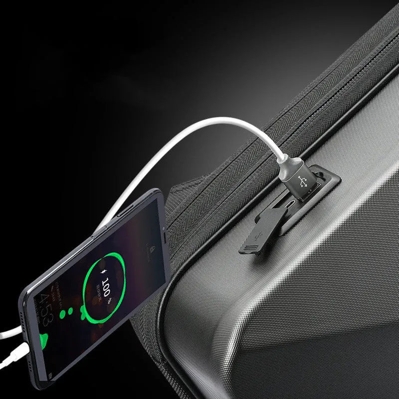 Hard shell gaming backpack with lock showing dedicated computer and phone compartments