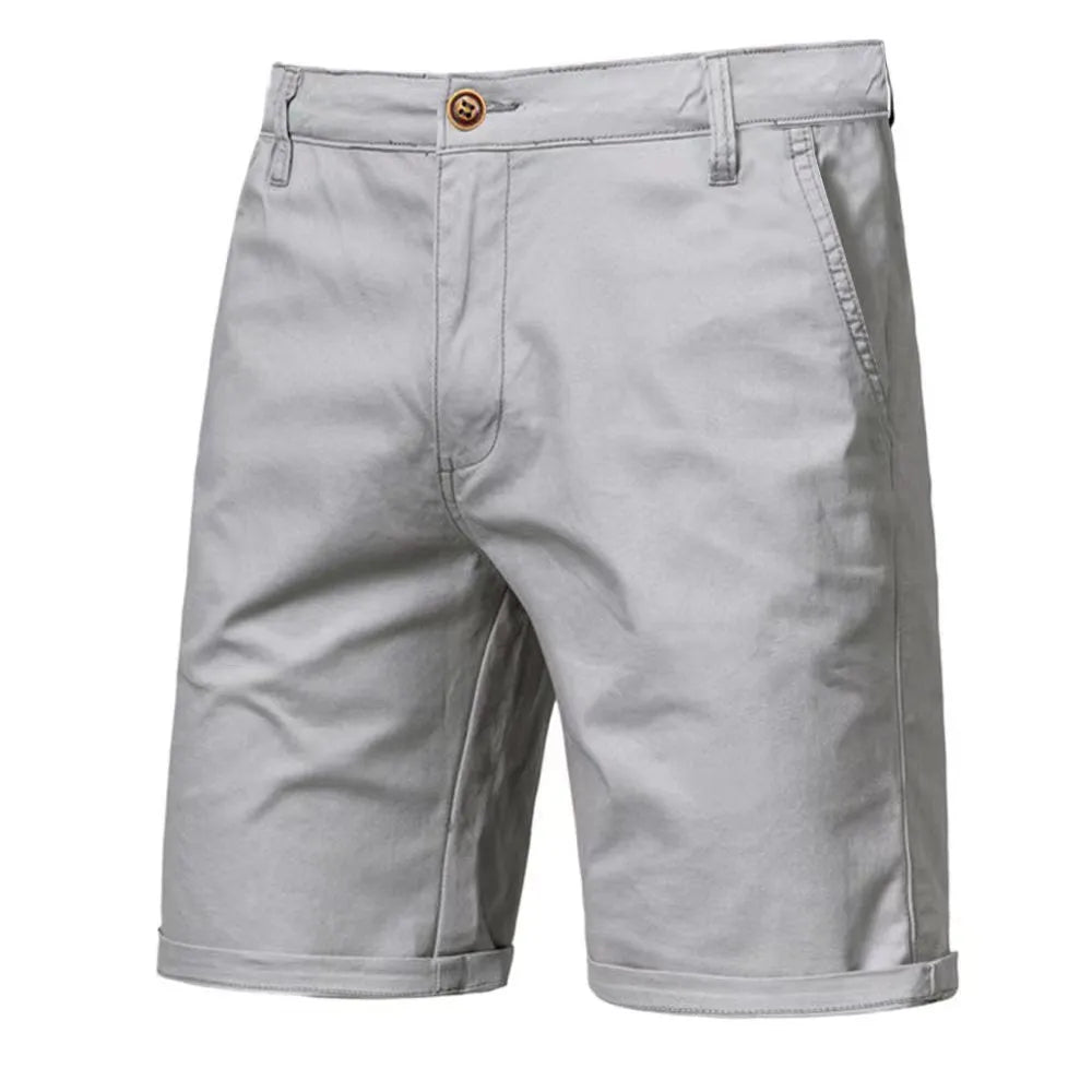 Straight-leg cotton camping shorts in khaki, with zip placket and mid waist, for teenage outdoor leisure