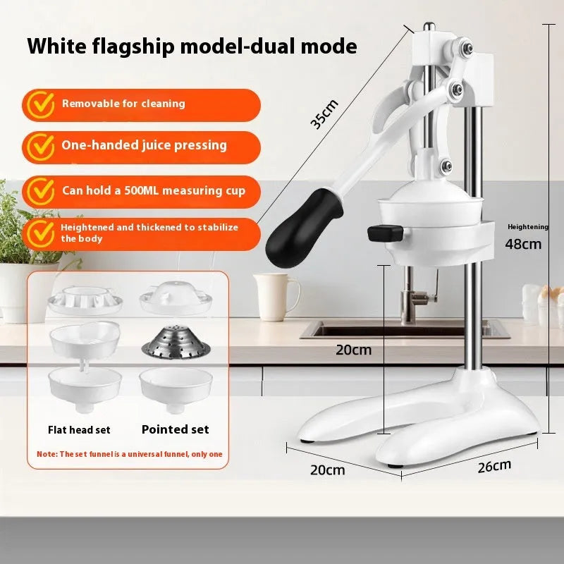Manual stainless steel citrus juicer with 480mm long pressing arm on a countertop.