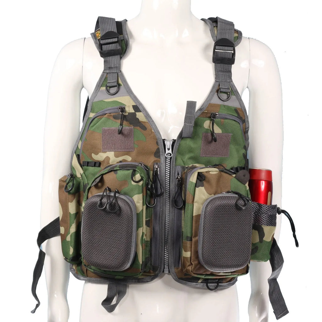 Grey ripstop polyester fishing life jacket with multiple pockets, MOLLE panels, and reflective strips on a mannequin.
