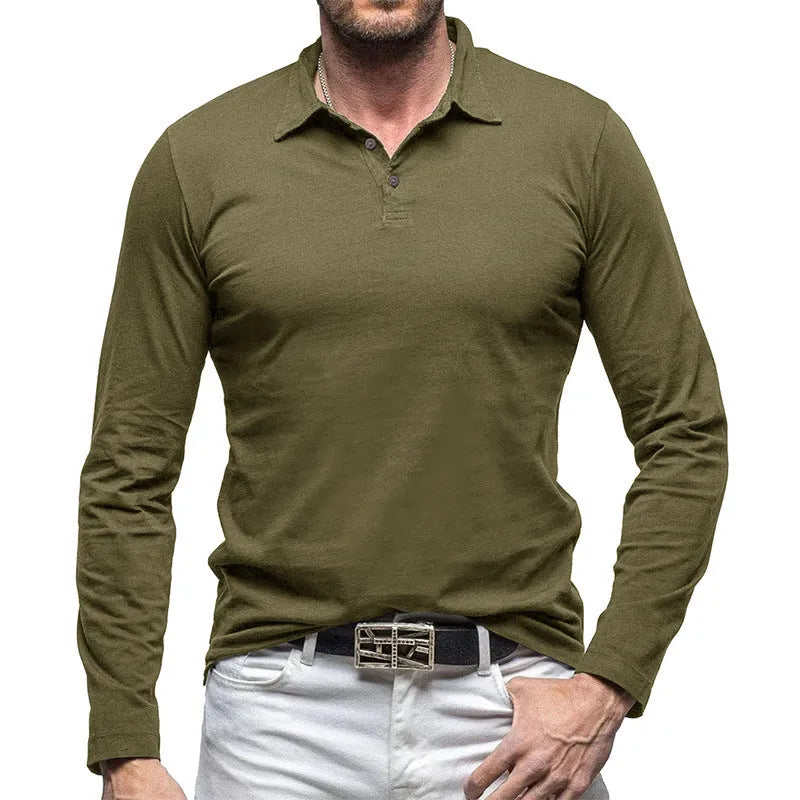 Men's long sleeve cotton t-shirt with a polo collar in an American retro style, shown in Dark Grey.