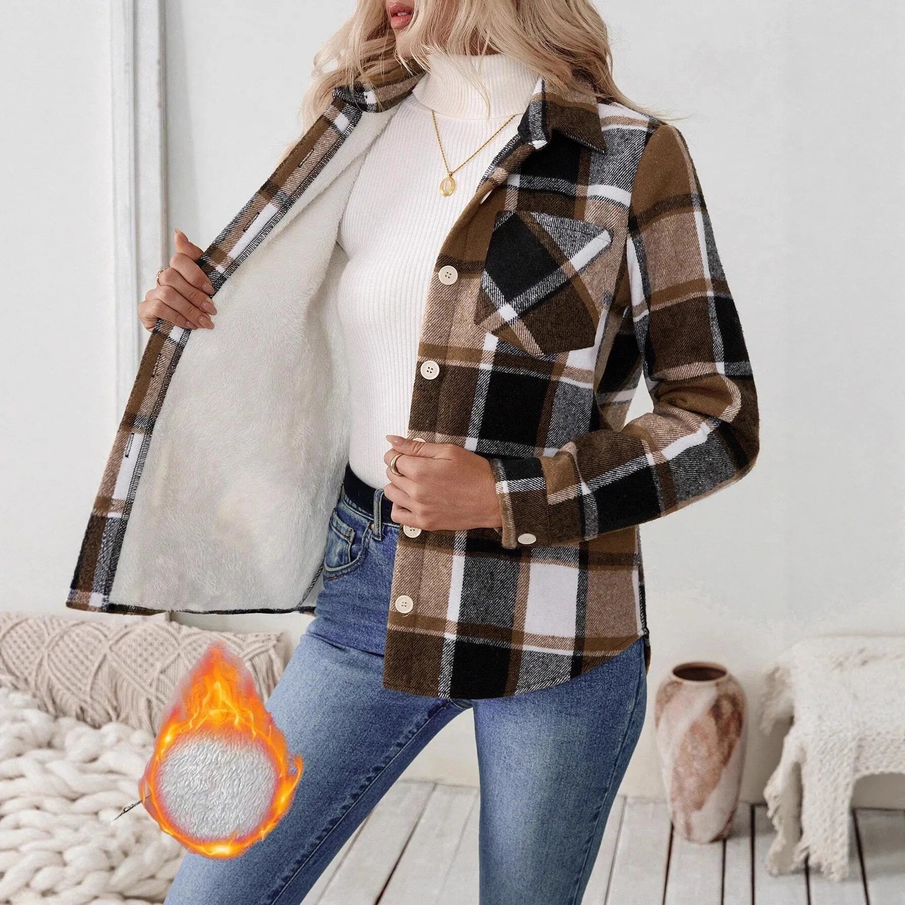 Woolen woven plaid button shirt collar jacket top in brown, front view, with pocket detail, polyester construction