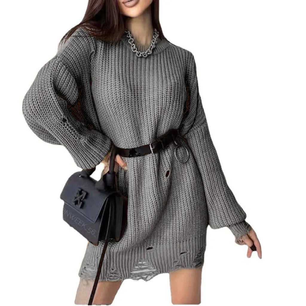 Loose hole knitted pullover sweater for women in solid colour Rose Red, black, and khaki