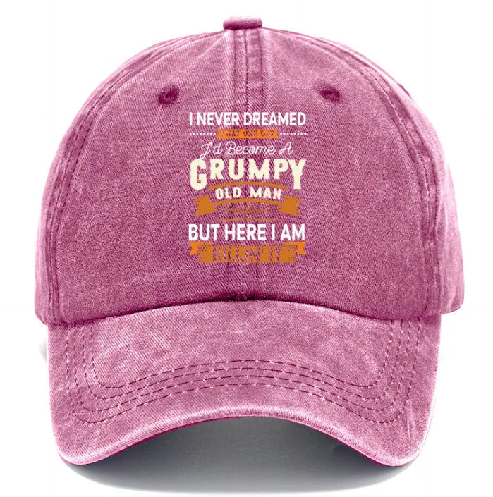 Washed print denim baseball cap with dome crown in retro style, available in multiple colours