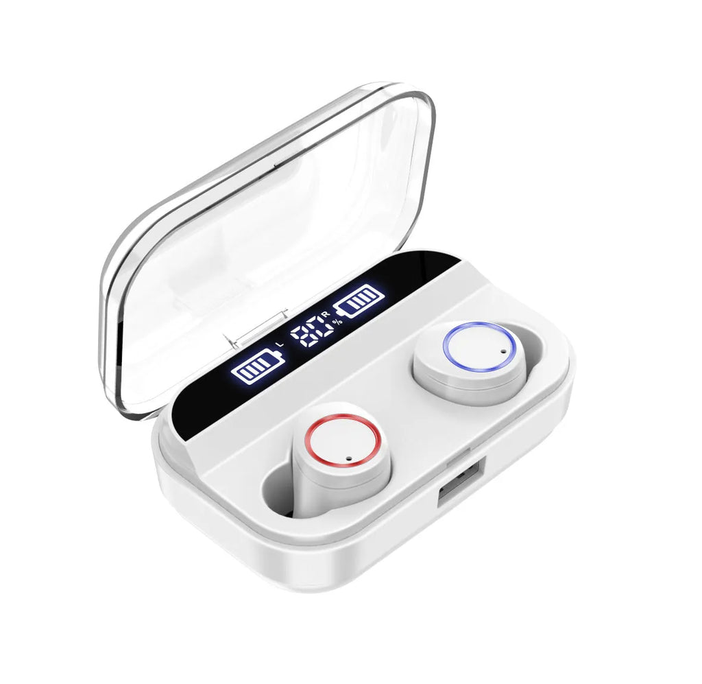 X11 black wireless Bluetooth earphones and charging case with silicone ear tips.