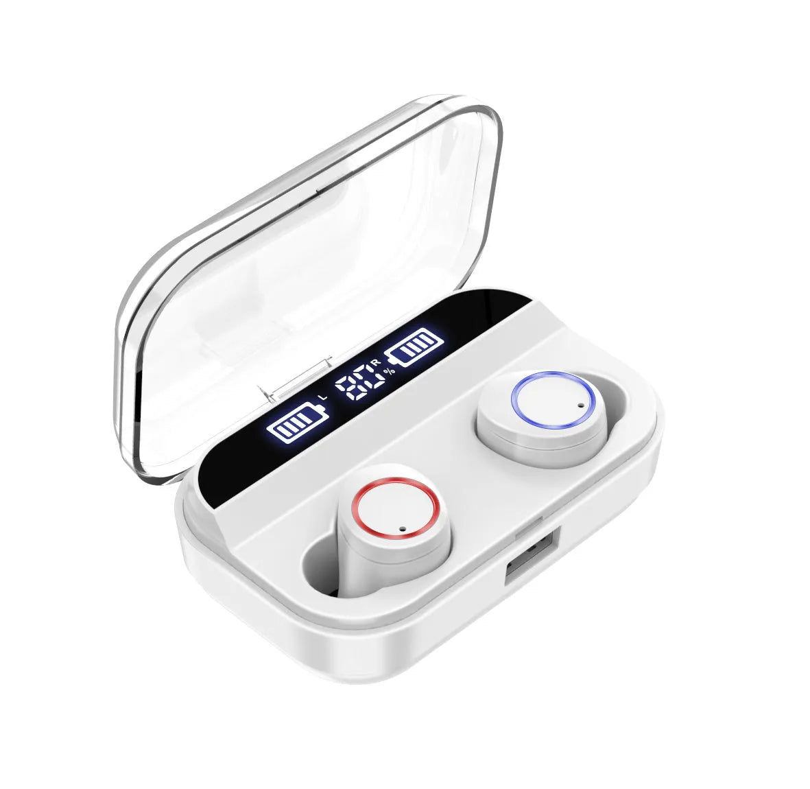 X11 black wireless Bluetooth earphones and charging case with silicone ear tips.