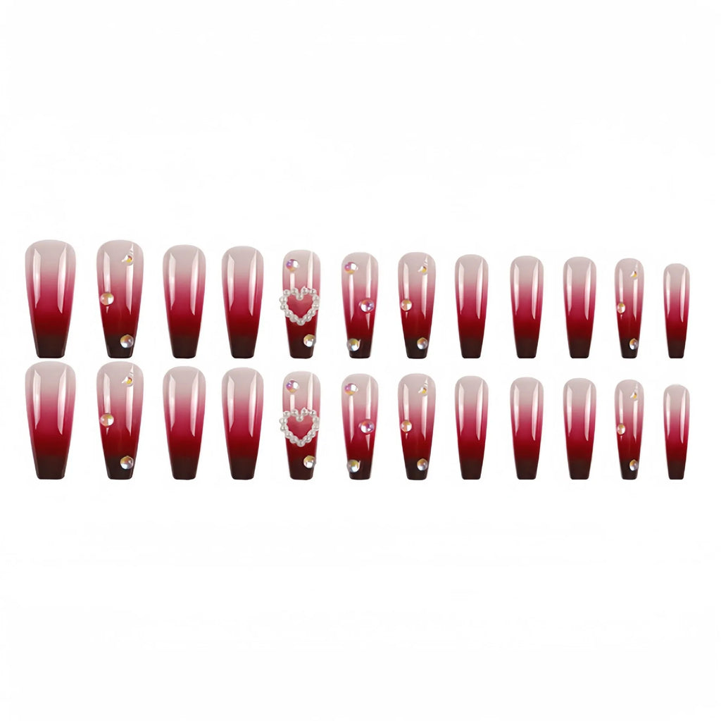 Wine red gradient fake nail tips with plaid pattern in long ballet style displayed with jelly glue applicator