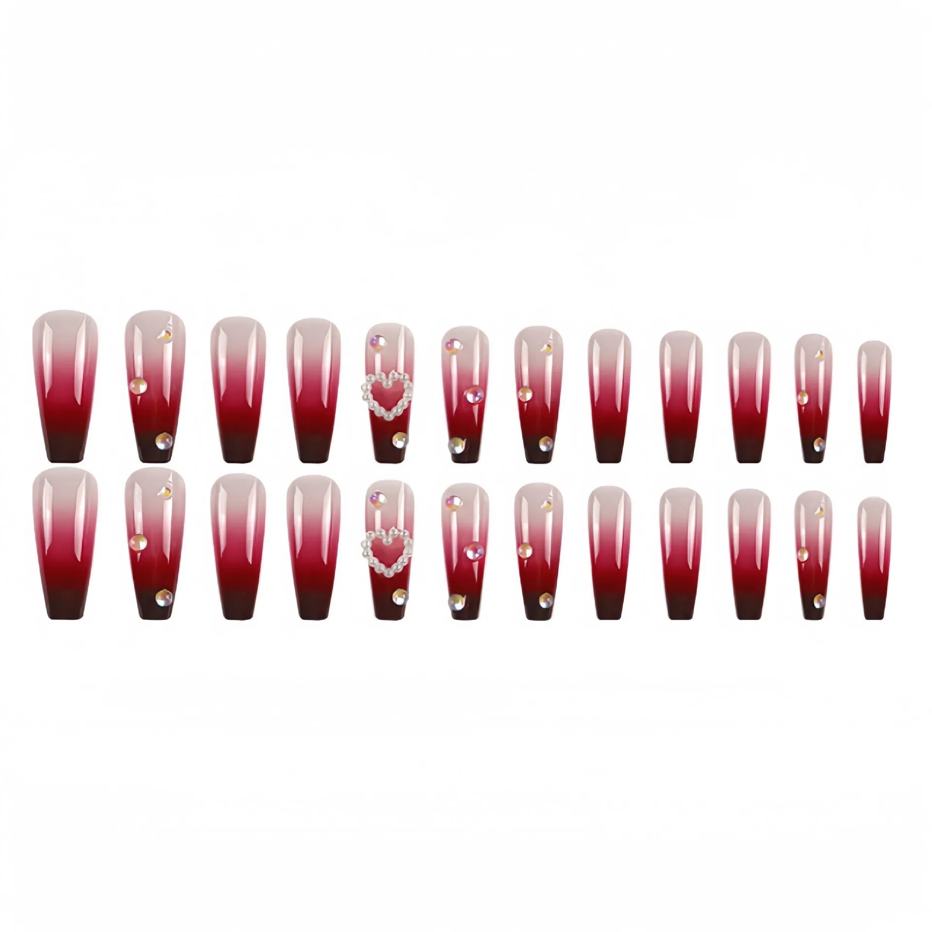 Wine red gradient fake nail tips with plaid pattern in long ballet style displayed with jelly glue applicator