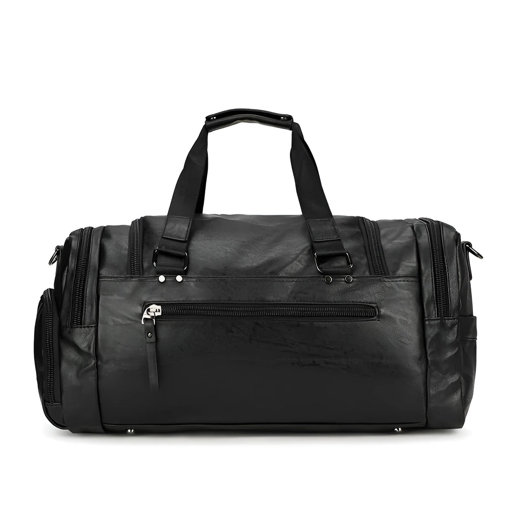 Large black travel bag with dual shoulder straps and a separate internal shoe compartment.