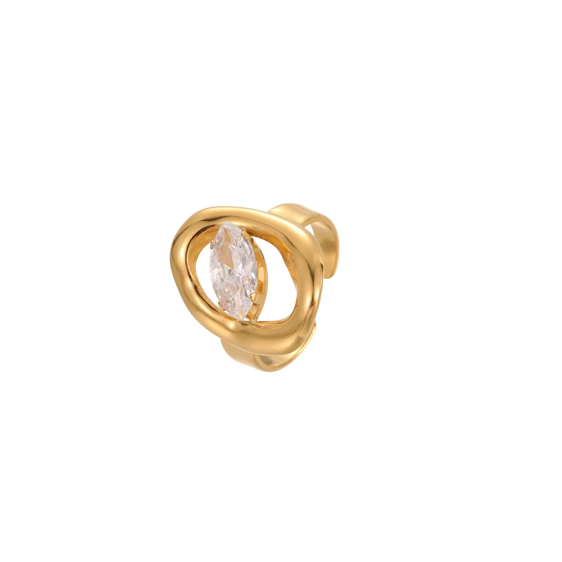 Geometric stainless steel zircon ring with open-mouth adjustable design on a hand.