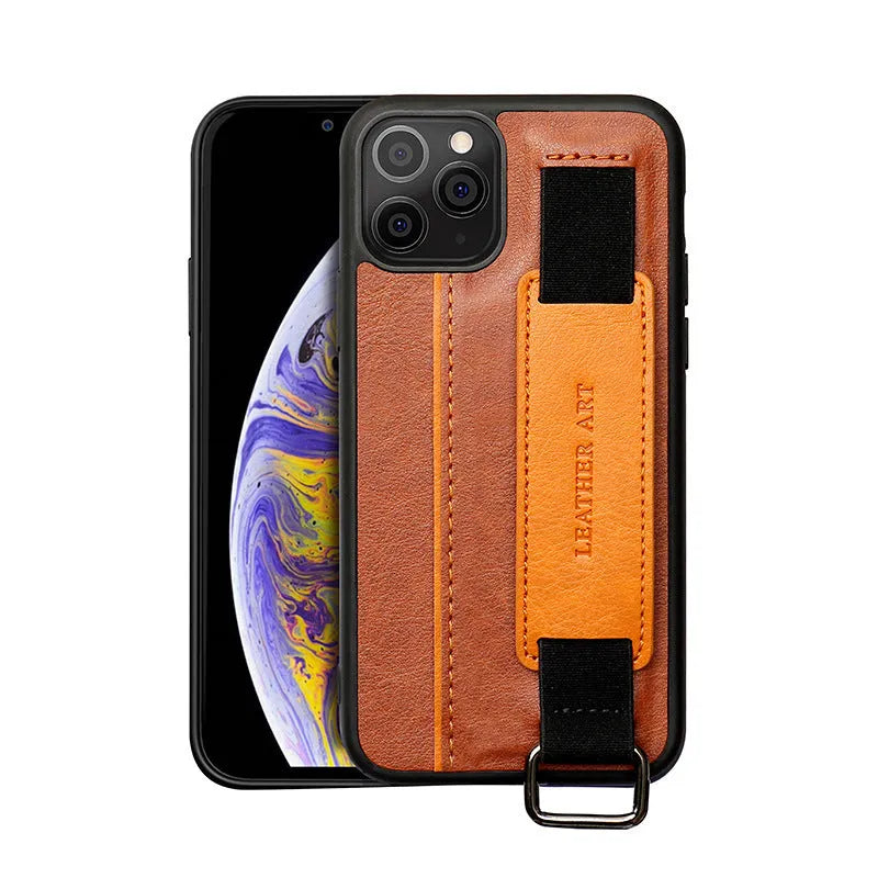 Brown imitation leather wallet-style iPhone case with a detachable wrist strap, shown attached to an iPhone 12.
