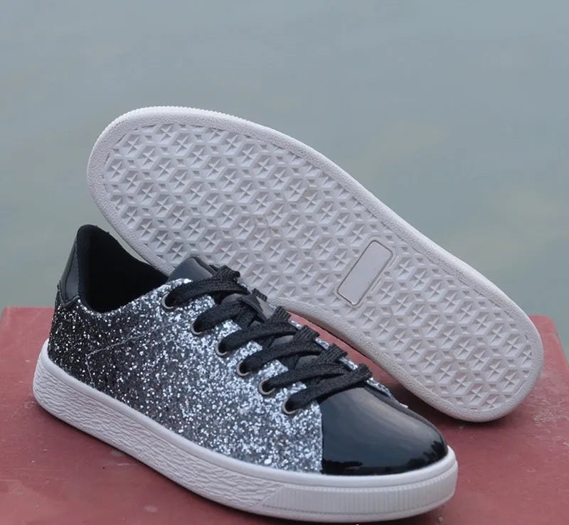 Women's colourful sequins casual low-top shoes with PU upper, leather lining, round toe, front lace-up, black gold pink options, sizes 36-41