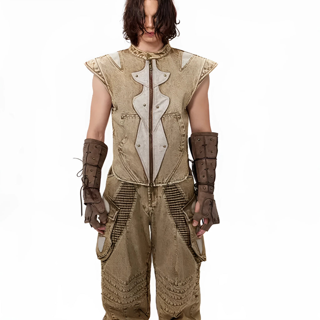 Summer Dark Knight pleated vest in cotton denim fabric, picture colour, front view