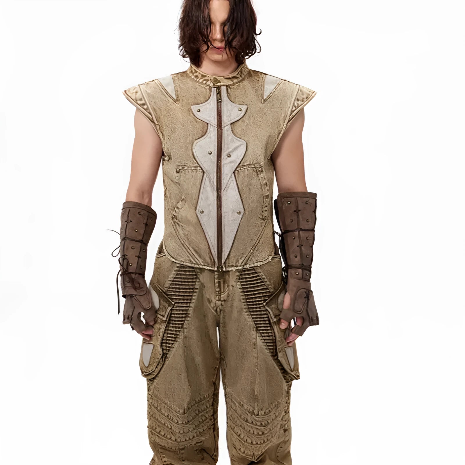 Summer Dark Knight pleated vest in cotton denim fabric, picture colour, front view