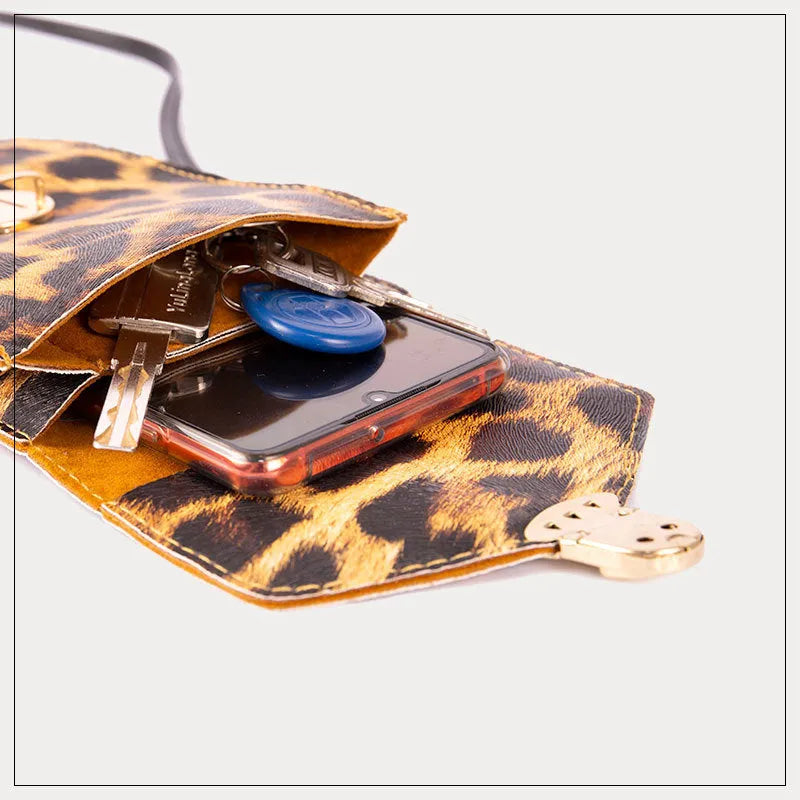 Retro leopard print PU leather phone bag for ladies with crossbody strap and touch screen function