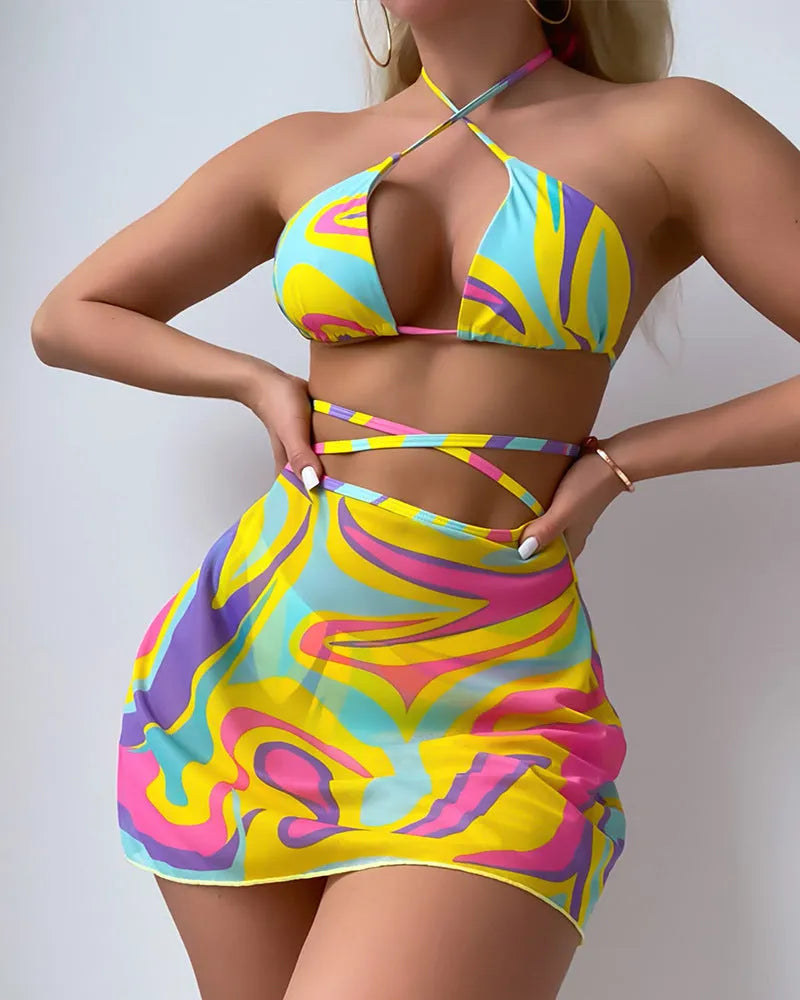 Yellow striped halter lace-up swimsuit for women with skirt and shorts