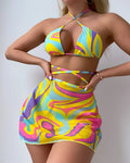 Yellow striped halter lace-up swimsuit for women with skirt and shorts