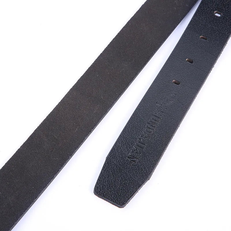 Leather pin buckle belt with metal buckle, adjustable 100-135cm, available in black, brown, and camel colours