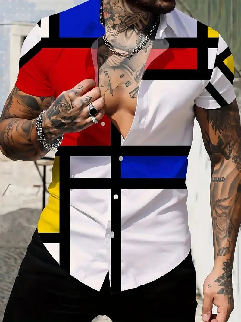 Men's geometric line print short sleeve shirt in slim fit cardigan style