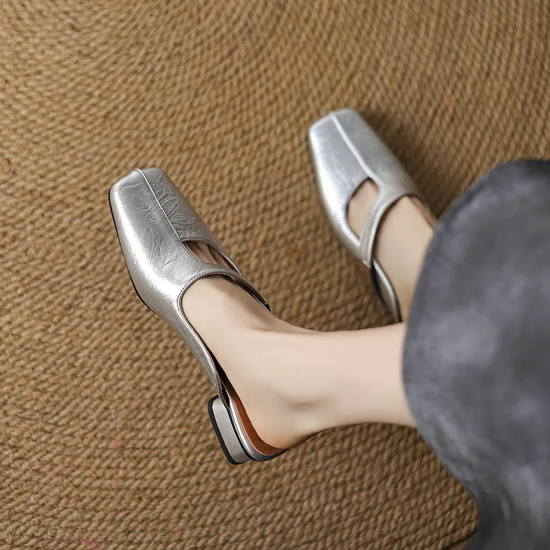 British style square head casual slippers in beige with an artificial PU upper and rubber sole.