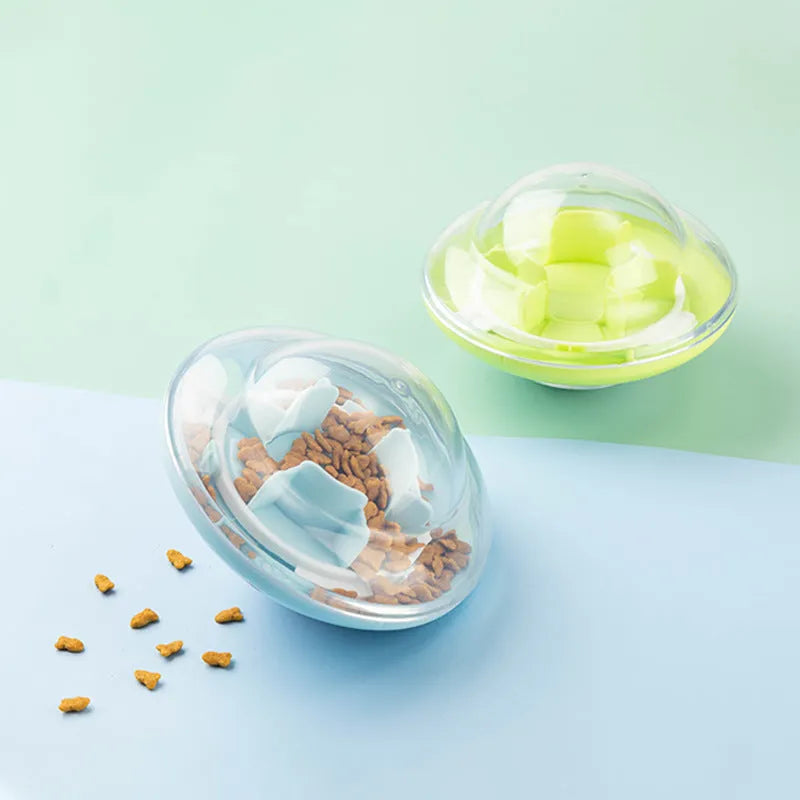 Blue pet tumbler ball toy with visual cabin and labyrinth column on floor