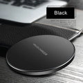 Black square QI wireless charging base measuring 98x98mm with ultra-thin 6.5mm profile