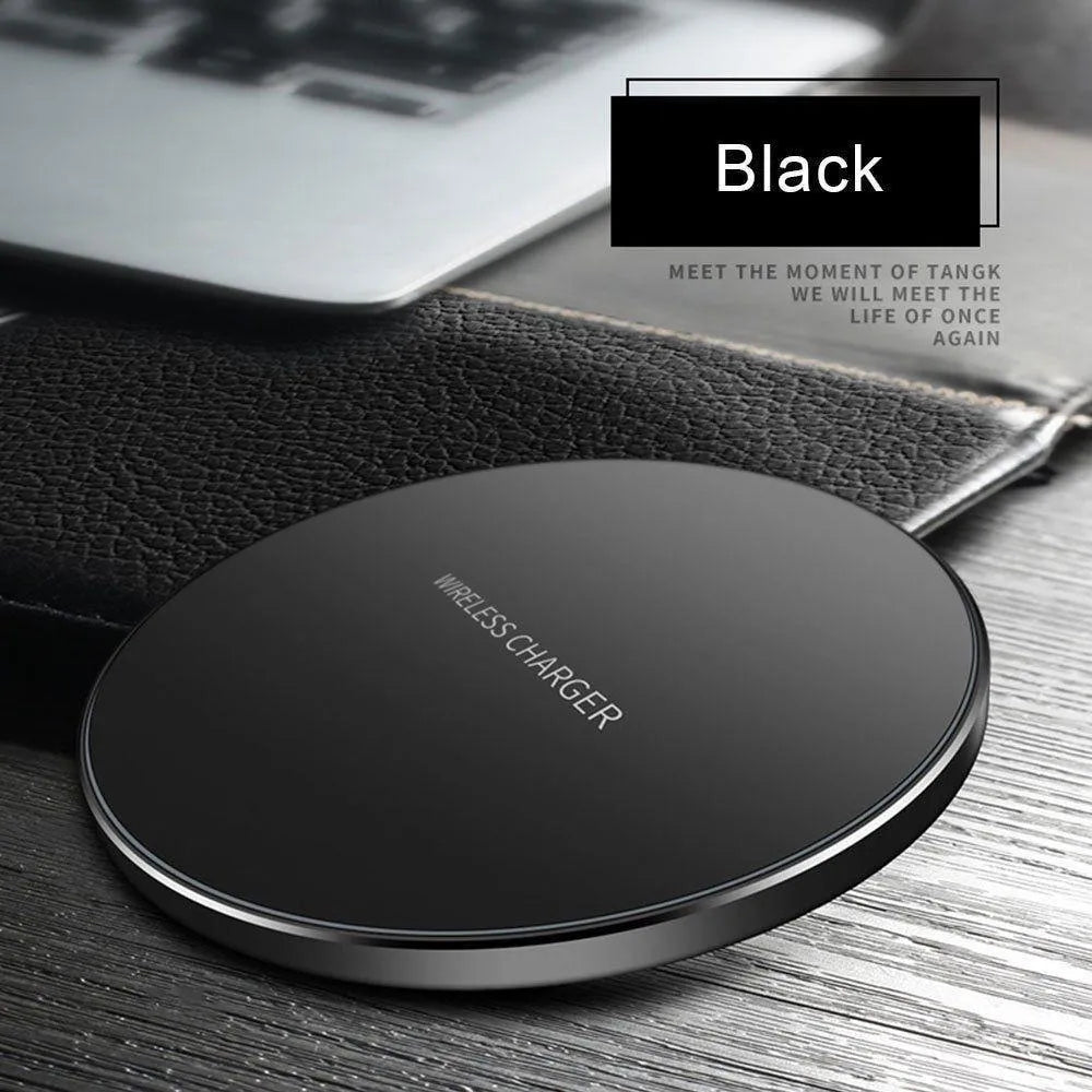 Black square QI wireless charging base measuring 98x98mm with ultra-thin 6.5mm profile