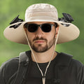 Men's beige solar-powered fan hat with wide brim and integrated cooling fan