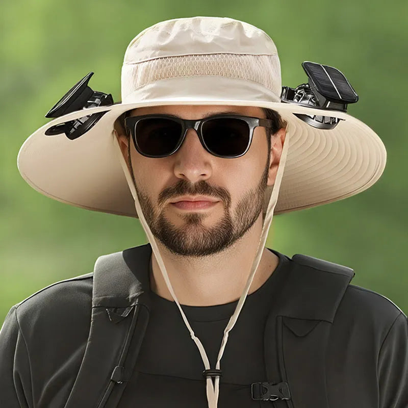 Men's beige solar-powered fan hat with wide brim and integrated cooling fan