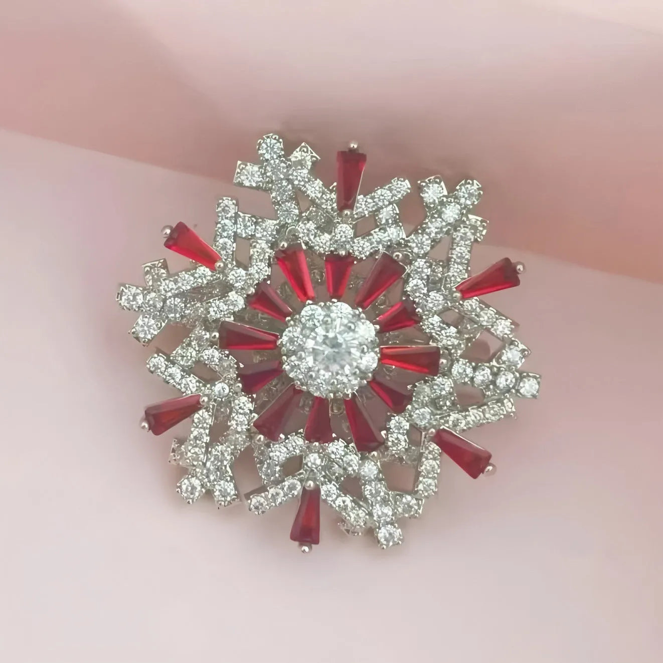 Luxury spinning snowflake brooch in alloy with diamond treatment, rotating silver snow crystal white, women's pin
