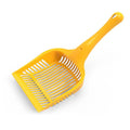 Red, yellow, and blue plastic cat litter scoops in small and medium sizes for pet toilet cleaning
