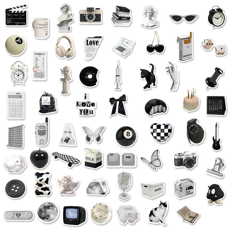 Black and white PVC waterproof stickers with coffee cup designs for laptop and phone decoration