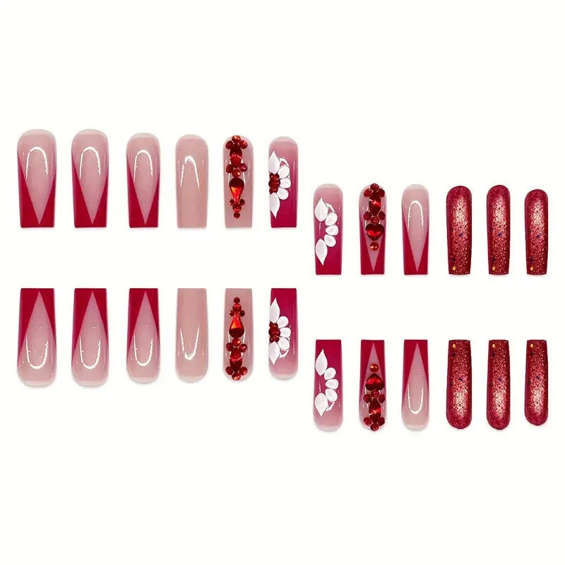 Sweet Flowers Temperament removable fake nails with floral patterns and red diamond accents