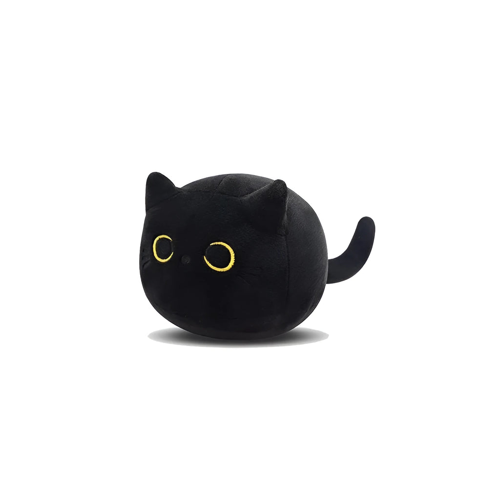 Fluffy black cartoon cat plush toy, 28cm tall, on a neutral background.