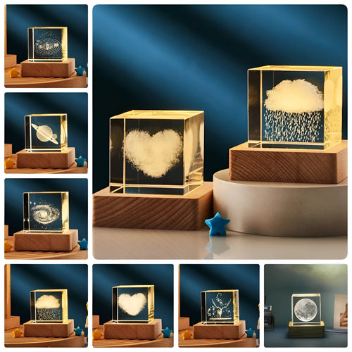 3D crystal cube night lamp with warm light and glass lampshade, available in 40mm and 60mm sizes