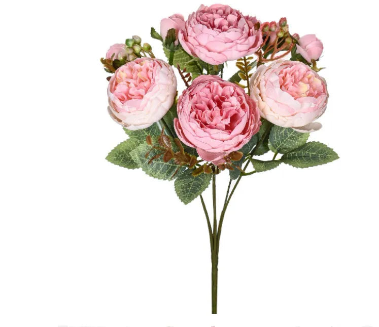 Artificial peony bouquet silk flower arrangement champagne sand red colour 30cm tall