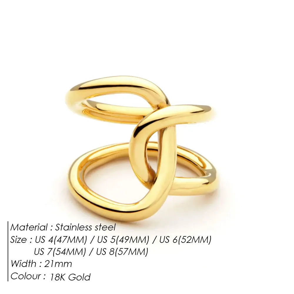 Women's stainless steel adjustable opening ring with a geometric knot design in gold colour.