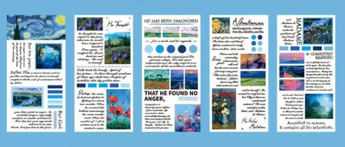 Paper landscape painting sticker book showing rectangular 60x120mm stickers with famous artwork designs