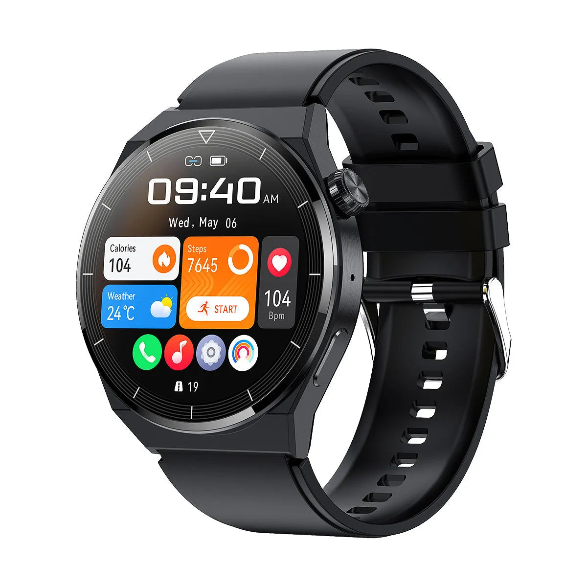 Round Android smartwatch with black silicone strap showing colour screen displaying time and notifications
