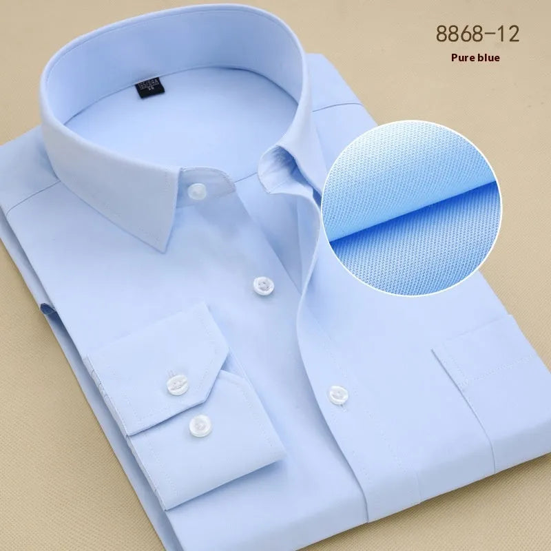 Men's black slim fit long sleeve cotton business shirt with cardigan style on a hanger.