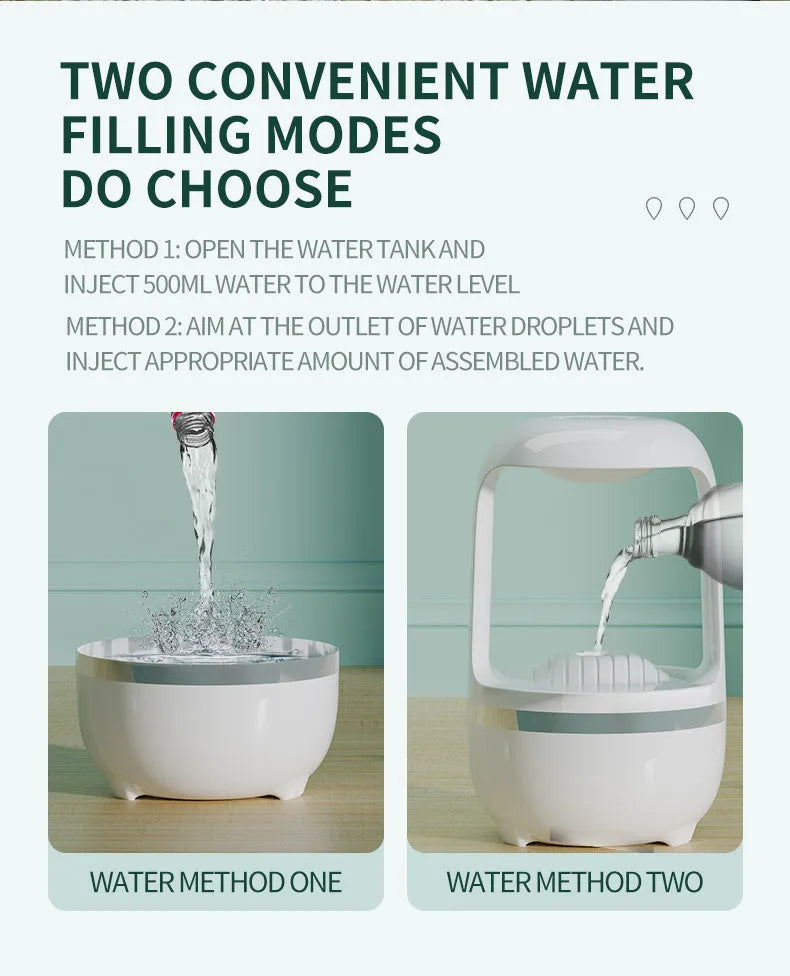 Anti gravity water drop humidifier with 500ml capacity and USB power in black or white colour