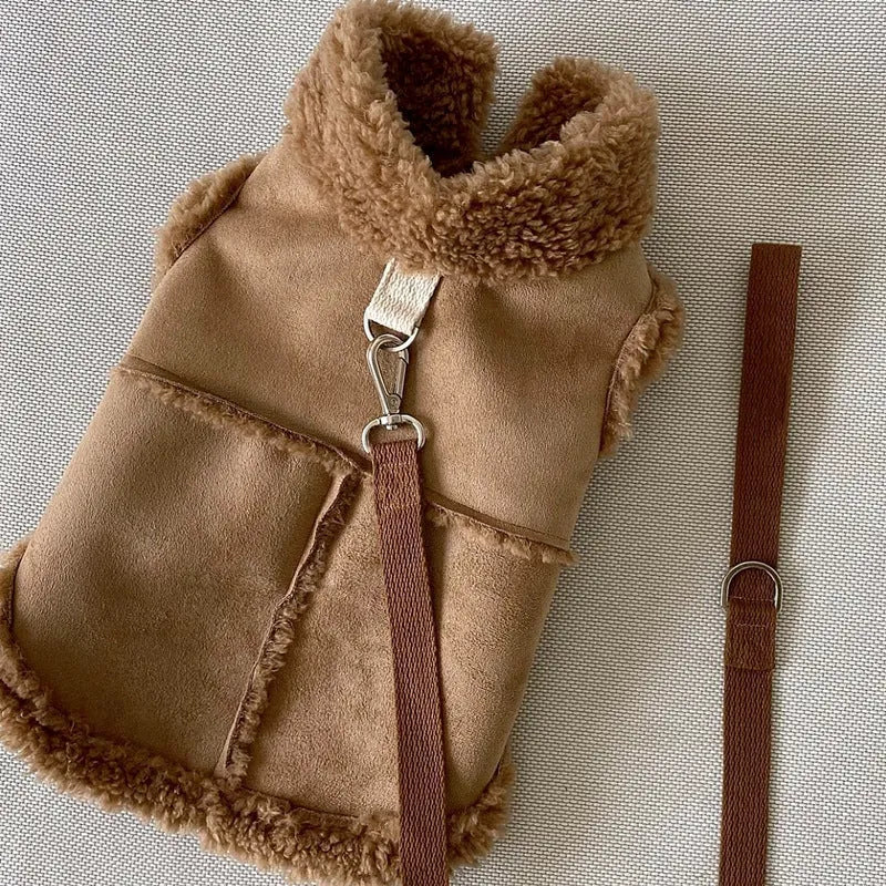 Pet autumn winter traction warm vest in brown, showing back length and slip-on design for small dogs
