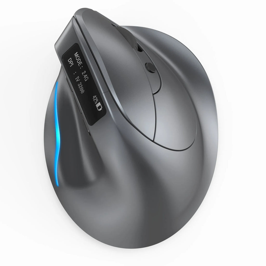 Grey vertical handheld grip Bluetooth wireless mouse for laptops on a desk.